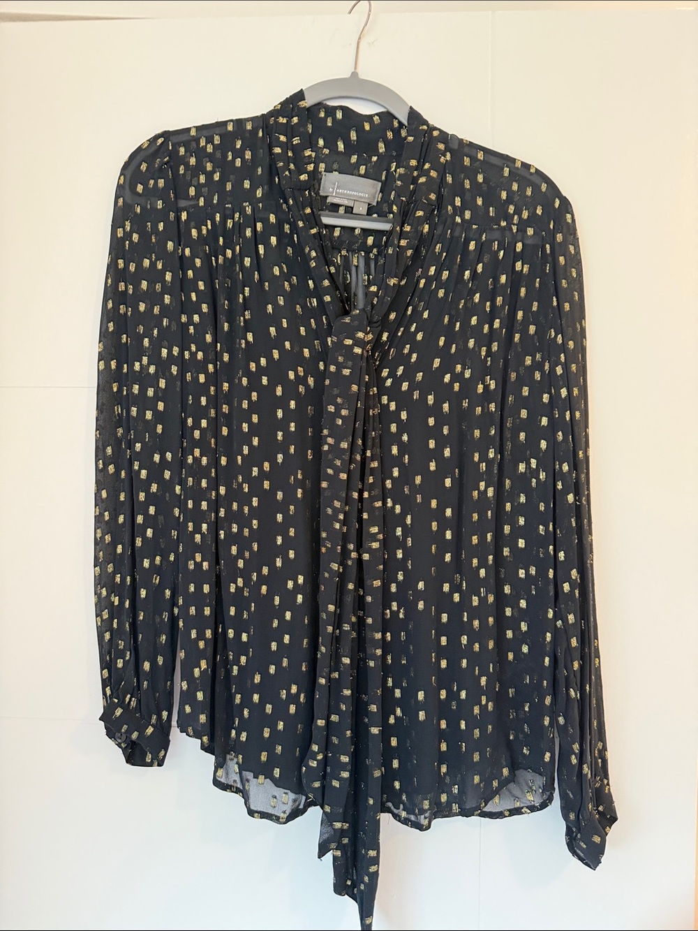 Anthropologie Black Sheer Blouse with Gold Metallic Detail & Tie-Neck.